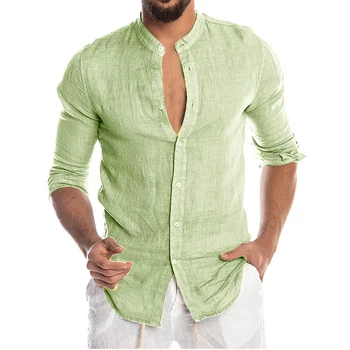 2000 Мужская Новая летняя Повседневная рубашка из хлопка и льна с длинным рукавом и пуговицами для мужчин
