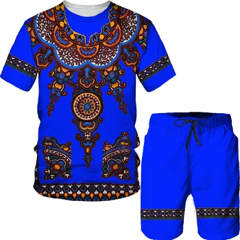 Шикарные Стильные мужские комплекты футболок с принтом Африканского тотема, Большие размеры, Мужской спортивный костюм с этническим примитивным племенным принтом, Традиционная одежда