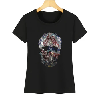 Футболка с черепом, новинка 2023, летняя футболка с короткими рукавами, хлопковая рубашка с принтом кристаллов, женская