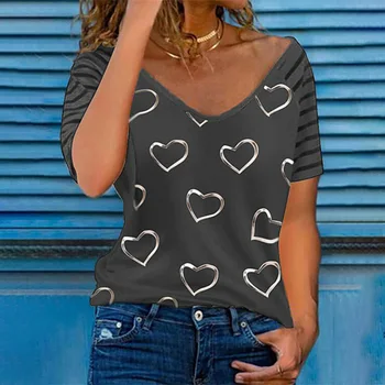2023 Летние женские топы, футболки с V-образным вырезом в полоску в виде сердца, Эстетичные женские футболки с короткими рукавами, Свободная Повседневная Элегантная Шикарная уличная одежда