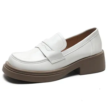 Женские туфли Le Fu из натуральной кожи на толстой подошве, новинка 2023 года, белые тонкие туфли на плоской подошве в британском стиле на шнуровке в стиле колледжа