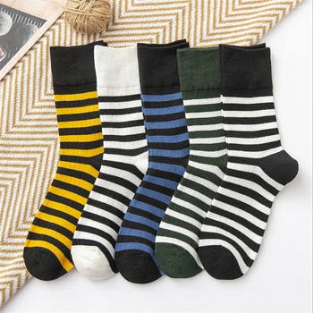 5 Пар Осенне-зимних носков, Женские Длинные хлопковые носки в корейскую уличную полоску Harajuku, Женские Высококачественные модные носки для дам