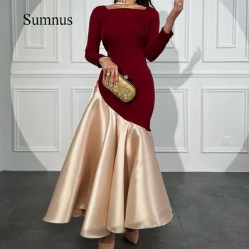 Sumnus Саудовская Аравия Вечерние платья Русалки с Длинным рукавом и квадратным вырезом, Драпированные Атласные Элегантные вечерние платья для женщин по индивидуальному заказу