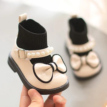 Ботинки-носочки для маленьких девочек с массивным Большим бантом-бабочкой, Элегантные милые детские короткие ботинки из лакированной кожи, Зимняя модная Детская обувь для малышей
