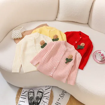 Детская одежда, красивый свитер для девочек в 3D полоску с аппликацией, вязаная куртка для маленьких девочек, Осенний детский кардиган на заказ GY07301