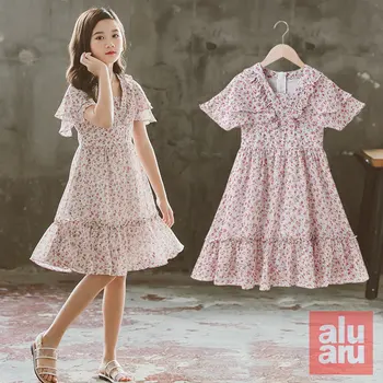 Платье для девочек, летняя корейская версия новой шифоновой юбки с цветочным рисунком для больших детей, платье принцессы для маленьких девочек