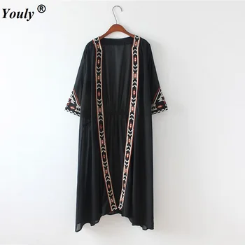Модная женская рубашка с геометрической вышивкой 2022, этнический кардиган, летнее солнцезащитное кимоно, шифоновые блузки Макси, женские