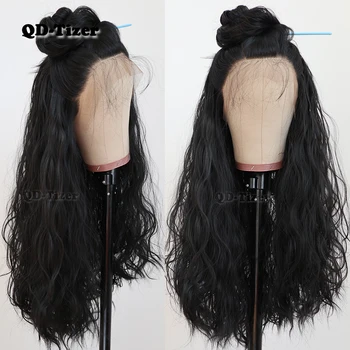 QD-Tizer Натуральные волнистые волосы черного цвета, длинные кружевные парики без клея, термостойкие синтетические кружевные парики спереди для чернокожих женщин
