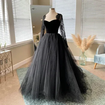 Свадебное платье из Тюля с Длинными рукавами DREAM Gothic, Кружевные аппликации, Черное Свадебное Платье 2022, Многоуровневое Свадебное платье в форме Сердца