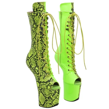 Leecabe Green Snake Сапоги на платформе с открытым носком из искусственной кожи, пикантные экзотические туфли для танцев на шесте без каблука