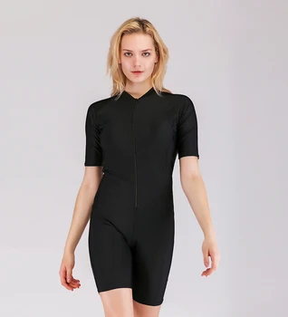 Женский цельный чистый черный костюм для плавания и серфинга на молнии с коротким рукавом, удобная посадка, Солнцезащитный крем, быстросохнущий костюм для плавания и серфинга
