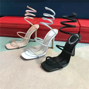 Летние новые туфли на высоком каблуке горный хрусталь змея-образной обмоткой мода большой размер подиума горный хрусталь шпильках сандалии для женщин