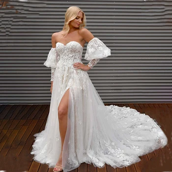 Кружевное Свадебное платье Трапециевидной формы Princess Sweetheart Для женщин со съемным пышным рукавом, свадебное платье из Тюля 2022