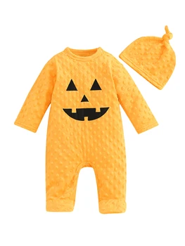 Милый Детский костюм на Хэллоуин, очаровательный комбинезон с тыквой, комбинезон с длинными рукавами и шапочкой для новорожденного мальчика или малышки
