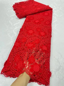 2023 Высококачественная Африканская Кружевная Ткань Из Гипюрового Шнура Красного цвета С Блестками, Водорастворимые Вышивальные Ткани Для Свадьбы JL195