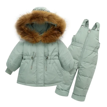 Куртка на утином пуху для мальчиков и девочек Зима-30, детский зимний комбинезон, одежда, комбинезон, детское пальто для малышей, комбинезон, комплект детской одежды из 2 предметов
