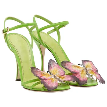 Летняя новинка 2022 года, зеленые Босоножки на высоком каблуке с бабочкой и пряжкой, женская обувь с открытым носком