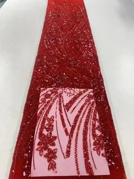 Нигерийская Кружевная ткань с красными Блестками 2023, Высококачественная Кружевная Ткань с кружевной вышивкой из африканского Тюля, Сетчатая Кружевная ткань Для Шитья Свадебного платья