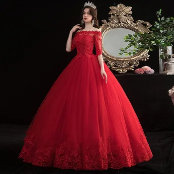 Красное Бальное платье, Женские свадебные платья, Кружевные Тюлевые свадебные платья с половинными рукавами, Вечернее платье Vestido De Noiva robe mariage