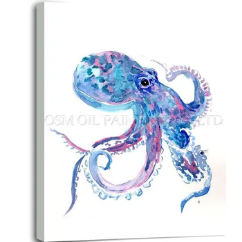 Лучший художник ручной работы, высококачественное океанское животное, осьминог, картина маслом на холсте синего и фиолетового цветов, рыба-дьявол, картина маслом
