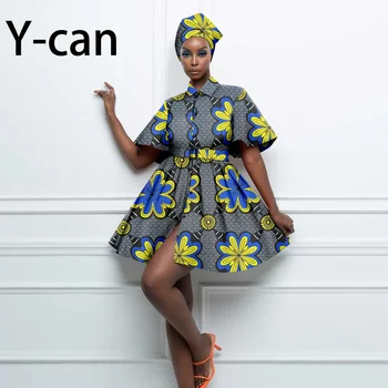Африканское мини-платье Дашики Анкара для Женщин, Юбка с рукавом-Фонариком и Поясом, Головной Платок в тон, Наряд Bazin Riche Y2325077