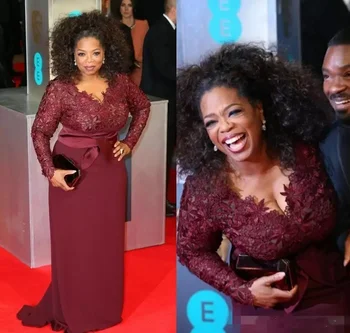 Красная дорожка, Бордовые платья для матери невесты Размера плюс, Вечерние платья Oprah Winfrey с V-образным вырезом и длинным рукавом со шлейфом
