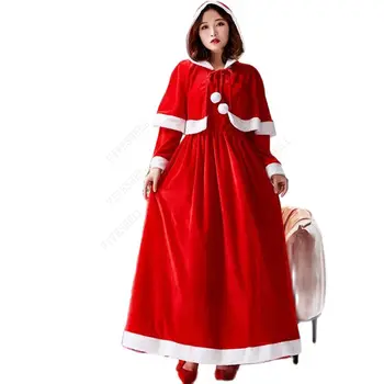 Новогоднее Женское Красное Праздничное платье, Костюмы Миссис Санта-Клаус, Рождественский Косплей, Костюмы на Хэллоуин, Длинное платье с капюшоном