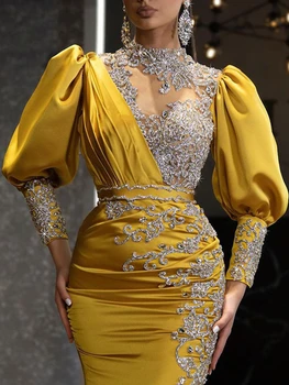 Желтые роскошные платья для женщин, плиссированные асимметричные платья длиной до щиколоток, элегантные тонкие сексуальные вечерние платья для банкетов и вечеринок в клубе