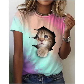 Женская футболка Большого размера, Летний Топ с круглым вырезом и 3D рисунком Кота, Повседневный Пуловер для девочек, Уличная Мода, Оригинальная Женская Футболка, Толстовка