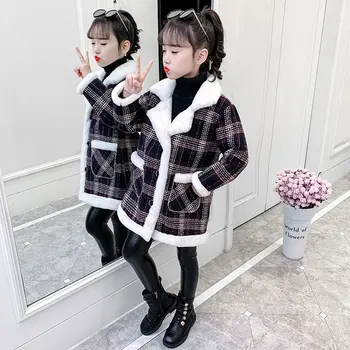 Осенне-зимнее теплое шерстяное пальто средней длины для девочек, модная детская верхняя одежда из флиса с отложным воротником для девочек от 3 до 12 лет
