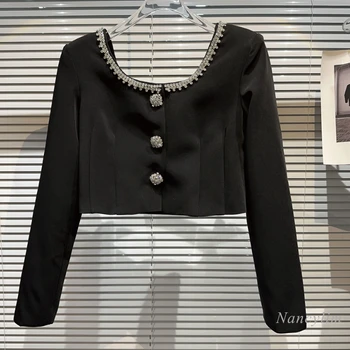 2023 Осенняя женская короткая куртка для женщин, Новый Низкий круглый вырез, воротник со стразами, застежка-дрель, накладка на плечо, короткое пальто, топ