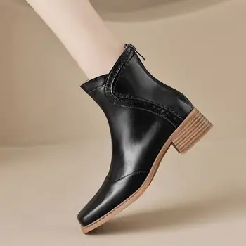 Размеры 34-41, Высококачественные Женские ботинки из натуральной кожи, Высококачественная зимняя обувь С квадратным носком, модные ботильоны на толстом каблуке