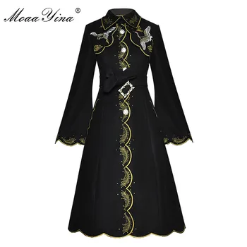 MoaaYina, модное дизайнерское пальто из шерстяной ткани, весенне-осеннее женское пальто с расклешенными рукавами на шнуровке, с золотой вышивкой