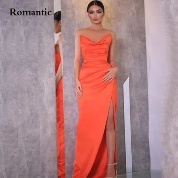 Романтическое Новое модное Оранжевое атласное вечернее платье без рукавов с высоким разрезом сбоку, Длинные платья для выпускного вечера Для женщин Vestido