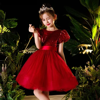Платье Принцессы для девочек 2023, Новое детское свадебное платье с красным цветком, Элегантное Летнее платье для фортепианного представления на подиуме