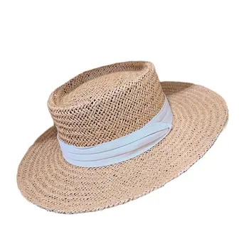 Новая повседневная женская летняя соломенная шляпа ручной работы с широкими полями, Бежевая лента, Хаки, Канотье, Мужская шляпа-Канотье, Дерби, Фетровая шляпа, Пляжная шляпа От Солнца