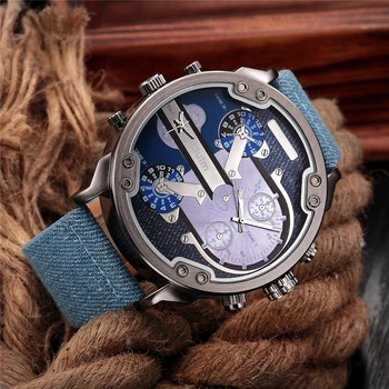 Oulm 3548 Тканевые мужские роскошные часы с супер большим циферблатом Спортивные мужские кварцевые часы с двумя часовыми поясами Уникальные повседневные мужские наручные часы