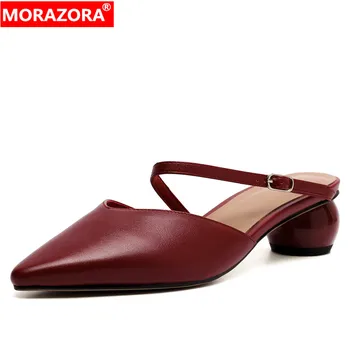MORAZORA 2022, Новые Римские Сандалии из натуральной кожи с острым носком, Женская обувь на среднем круглом каблуке, Женские модельные туфли на мелкой подошве