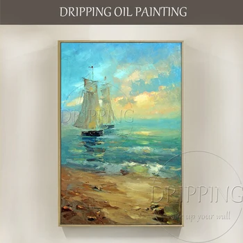 Уникальный подарок художника, ручная роспись, высококачественный морской пейзаж, абстрактная лодка и море, картина маслом для друга, Холст ручной работы, картина маслом