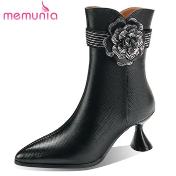 MEMUNIA/ Новинка 2023, Зимние ботинки из натуральной кожи с цветочным рисунком, Офисные женские ботильоны на молнии, Ботинки на высоком каблуке в необычном стиле