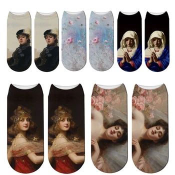 Хлопчатобумажные Короткие носки с цветочной Росписью маслом для Француженок в стиле Харадзюку, 3D Принт, Классическое Искусство, Милые женские носки до Щиколотки на Хэллоуин