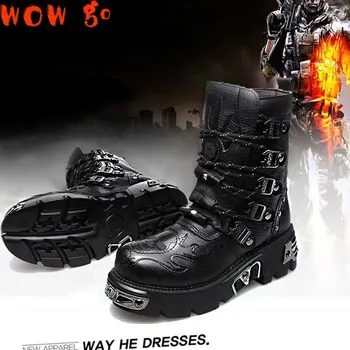 2023, мужские кожаные ботинки в стиле готический панк, мотоциклетные ботинки, Резиновые сапоги на платформе, Черные Теплые военные ботинки до середины икры Fashion47