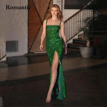 Романтическое Зеленое Вечернее платье с блестками, Роскошное Длинное платье на бретельках с разрезом сбоку, Выпускное платье для особого случая, Vestido de festa