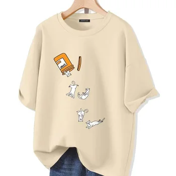 Летняя новая женская хлопковая футболка с изображением кота Каваи с коротким рукавом, модная уличная одежда Унисекс, негабаритная мужская футболка с аниме