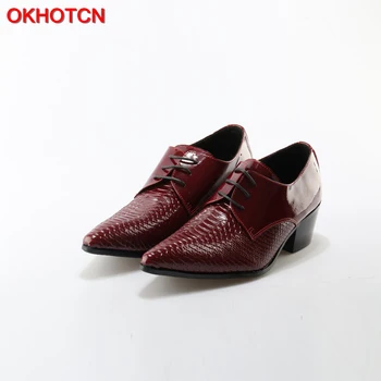 OKHOTCN/Мужские туфли из натуральной кожи на Шнуровке, Красные Мужские Свадебные туфли На Квадратном Каблуке с Перфорацией типа 