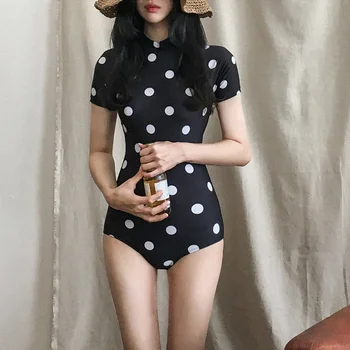 Корейский ретро свежий купальник в горошек с короткими рукавами в консервативном стиле, треугольник для похудения живота, цельный купальник на горячую весну, женский купальник