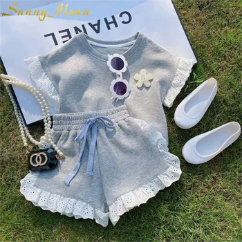 Модный летний хлопковый детский пуловер для маленьких девочек, топ с коротким рукавом + шорты, комплект из 2 предметов