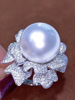 Кольцо с австралийским белым жемчугом Nanyang, натуральный жемчуг морской воды 15-16 мм, круглый, чрезвычайно яркий, кольцо с бриллиантом из золота 18 карат