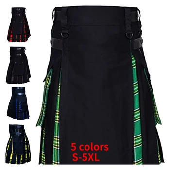 Мужские хлопчатобумажные клетчатые универсальные шотландские брюки с кожаными ремешками, платье больших размеров, викторианский шотландский килт, средневековое платье