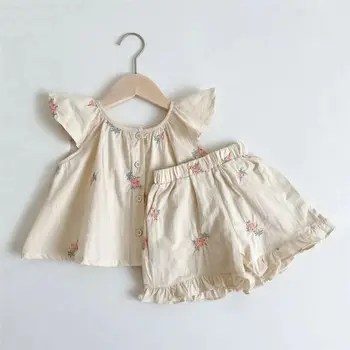 Хлопковая одежда для новорожденных девочек, Топы с короткими рукавами, Рубашки, Шорты-шаровары, Комплект Летней одежды для малышей, Модная одежда от 12 м до 7 лет
